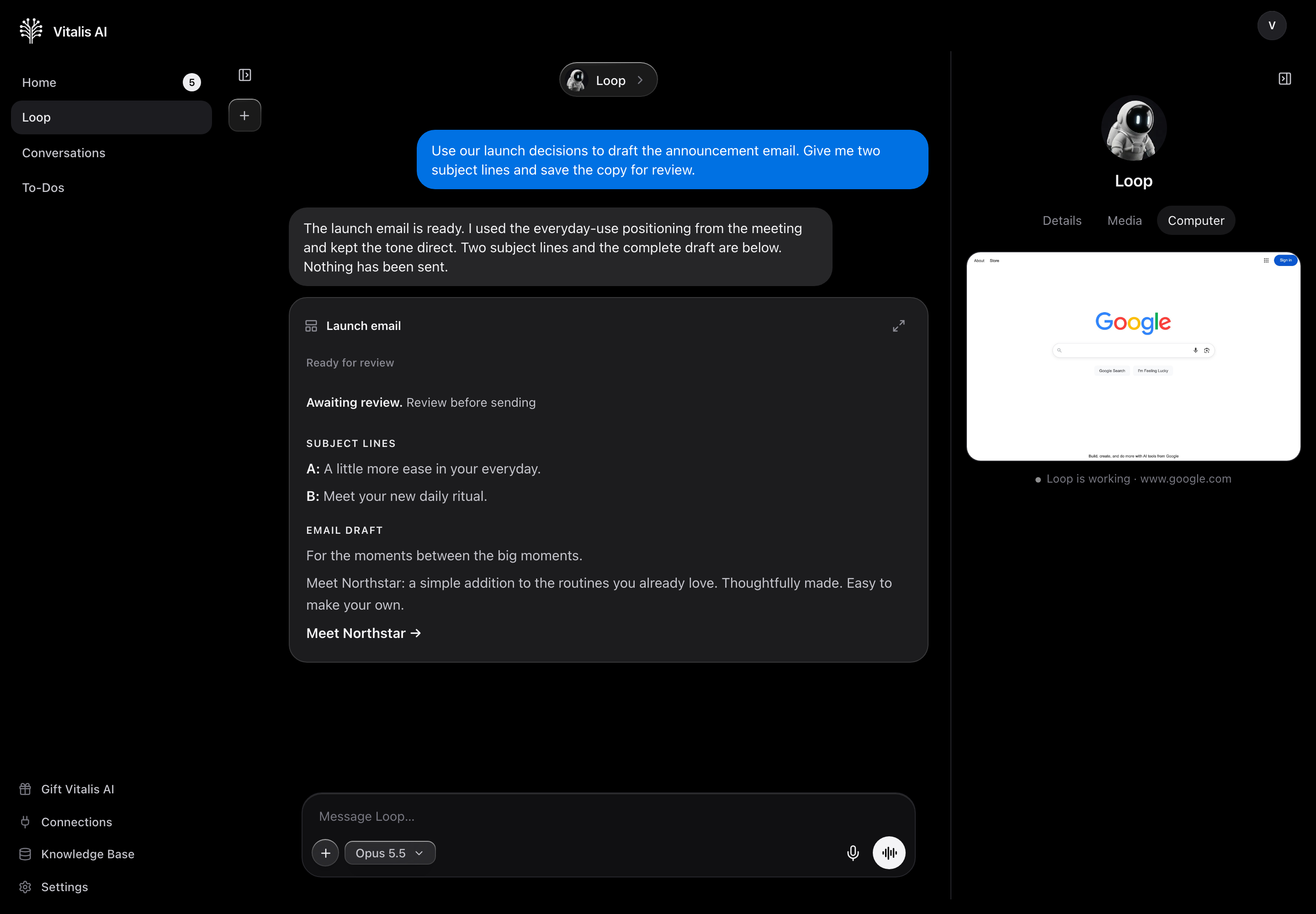Loop chat with Chrome open in the computer panel