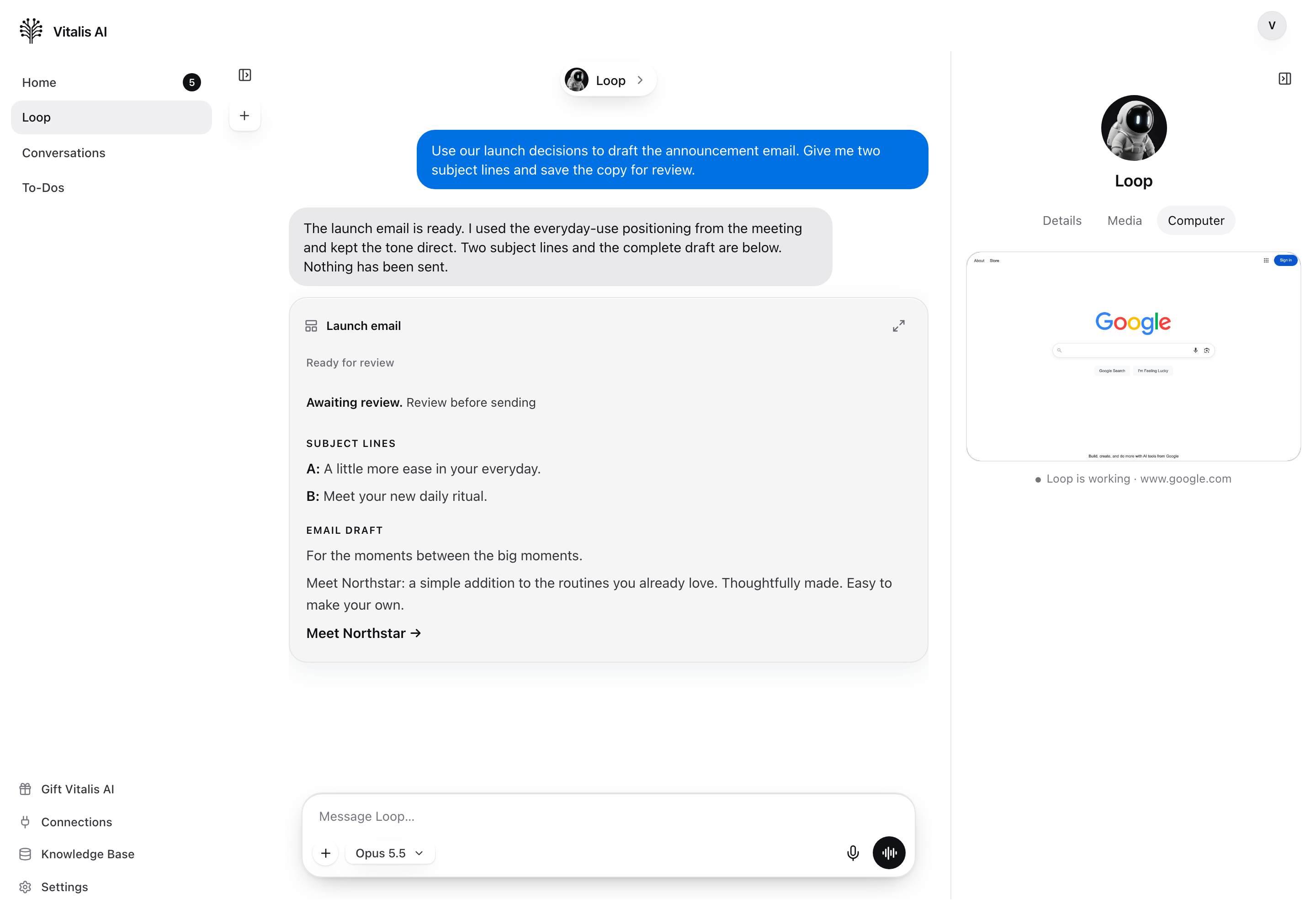 Loop chat with Chrome open in the computer panel